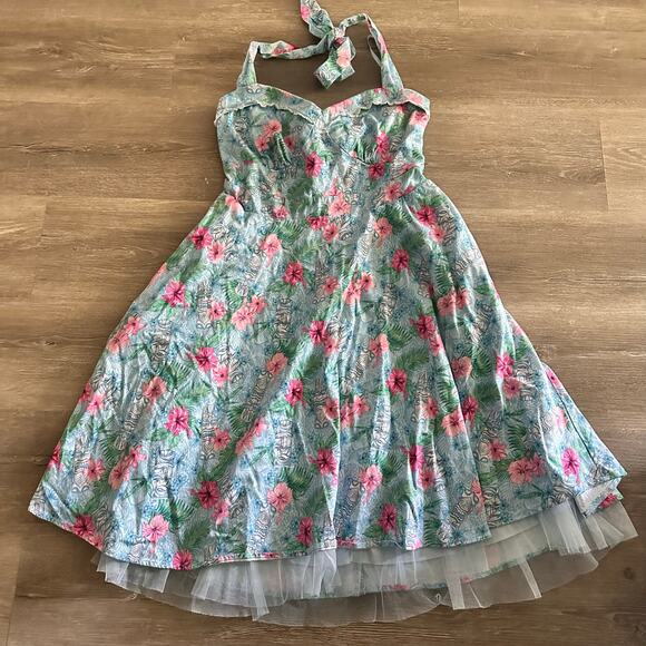 Hot Topic Swing Dress Retro Tiki Hibiscus Floral Blue Size XL - Picture 1 of 7